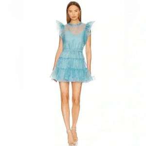 NWT $395 JONATHAN SIMKHAI Monique Organza Ruffle Sleeve Mini Dress Celeste Blue